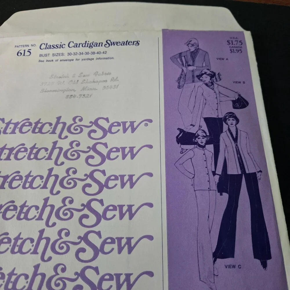Stretch & Sew 615 sewing pattern Classic Cardigan Sweaters 70s UNCUT Vintage